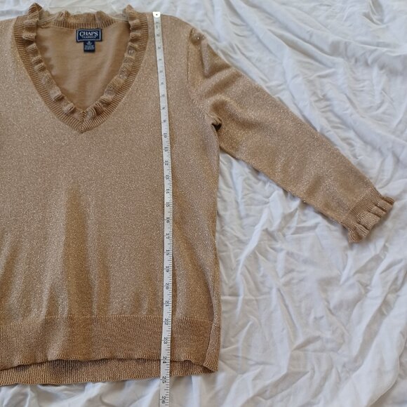 Chaps Classics Gold Metallic Pullover Sweater Ruffled V-Neck, Womens Size Medium - Picture 10 of 15